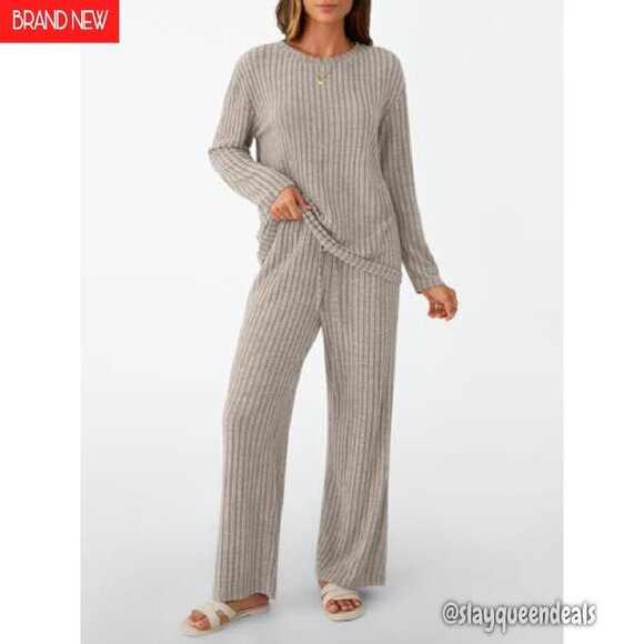 Soft Ribbed Knit Lounge Set Long Sleeve Matching Pajamas Sweatsuit - Picture 3 of 6